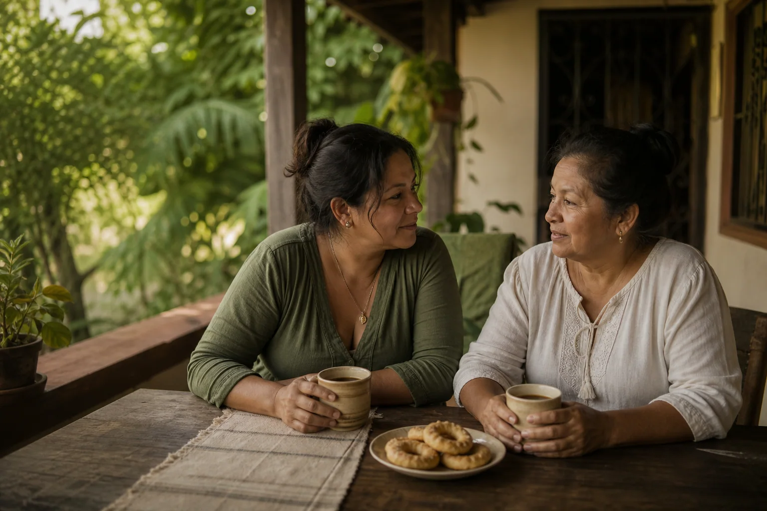 Mujer nicaragüense compartiendo café y rosquillas con su tía